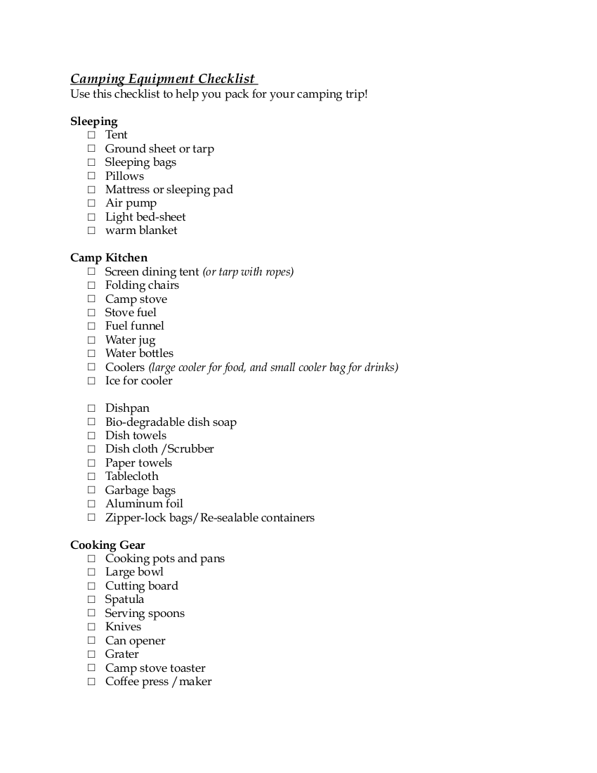 Sample Camping Checklist For Your Next Adventure | Templatesz234.com ...